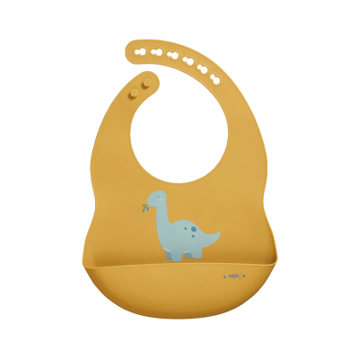 Babete de silicone amarelo com dinossauro azul e fecho ajustável