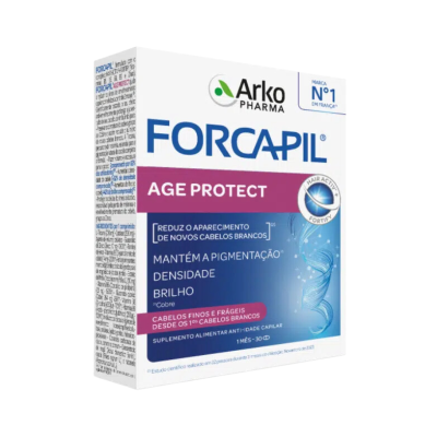 Embalagem do suplemento alimentar FORCAPIL Age Protect da Arko Pharma com texto em português.