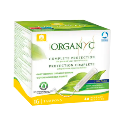 Embalagem verde e branca de tampões Organyc com descrição de algodão biológico e proteção completa