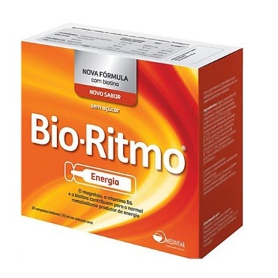 Embalagem de suplemento Bio-Ritmo Energia laranja e vermelho com texto em português.