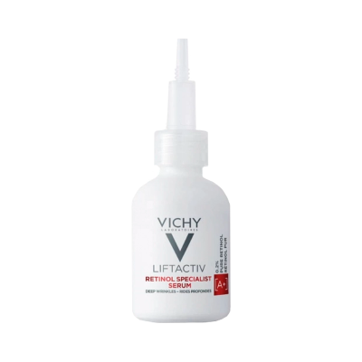 Frasco branco com tampa translúcida de sérum Vichy Liftactiv Retinol Specialist