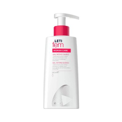Frasco de gel íntimo diário LETI fem WOMAN CARE branco com bomba rosa