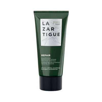 Tubo verde escuro de shampoo Lazartigue Repair com texto branco e tampa preta