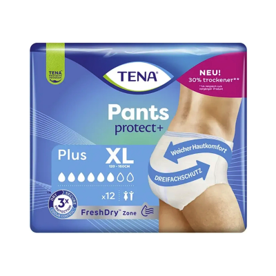 Pacote azul e roxo de fraldas TENA Pants Protect+ Plus XL com 12 unidades