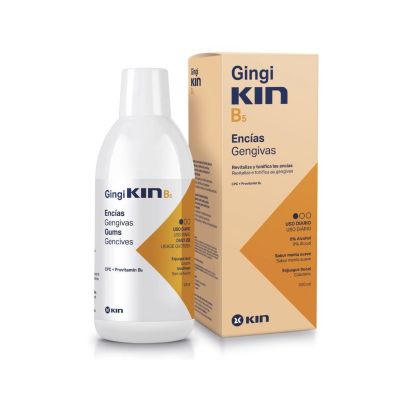Elixir bucal GingiKIN B5 para gengivas em frasco branco e caixa bege e laranja