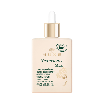 Frasco de sérum facial Nuxe Nuxuriance Gold com conta-gotas