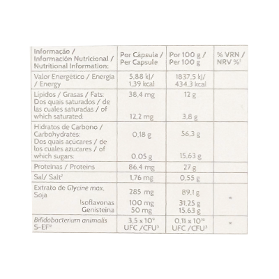 Tabela nutricional com valores de energia, gorduras, hidratos, proteínas, sal e outros por cápsula e por 100 g