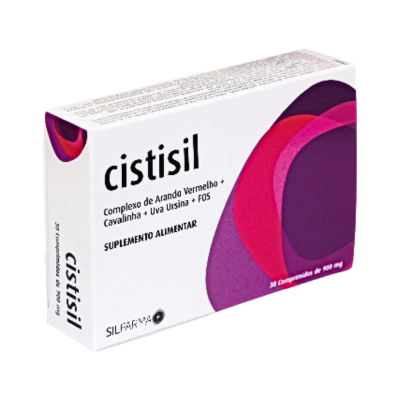 Embalagem branca de suplemento alimentar Cistisil com design em púrpura, vermelho e rosa