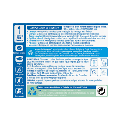 Etiqueta de suplemento em pó Magnesio Supremo com instruções e benefícios