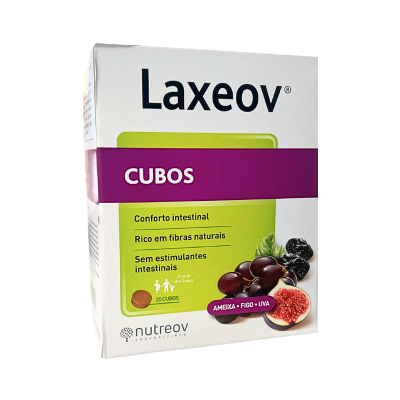 Caixa branca do produto Laxeov CUBOS com detalhes em roxo e verde, imagens de ameixa, figo e uva, texto de informações sobre o produto.