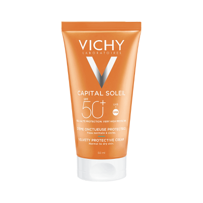 Frasco plástico laranja de creme solar Vichy Capital Soleil SPF 50+
