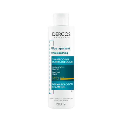 Frasco branco de champô dermatológico Dercos Technique Vichy para couro cabeludo reativo e cabelos secos