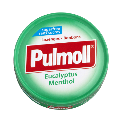 Embalagem verde redonda de pastilhas Pulmoll sabor eucalipto e mentol