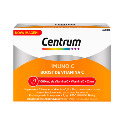 Embalagem suplemento Centrum IMUNO C laranja branca, texto sobre vitaminas e zinco