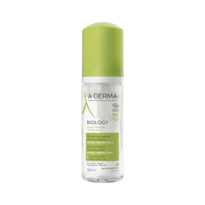 Frasco transparente com tampa verde de mousse de limpeza dermatológica A-DERMA BIOLOGY