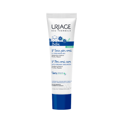 Tubo de creme branco e azul com texto URiAGE Bébé 1er Soin péri-oral à lEDELWEISS BIO 94% Origine Naturelle