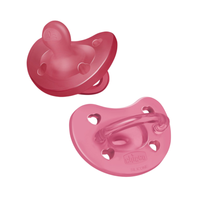 Duas chuchas rosa em silicone com corações recortados e a marca Chicco visível.