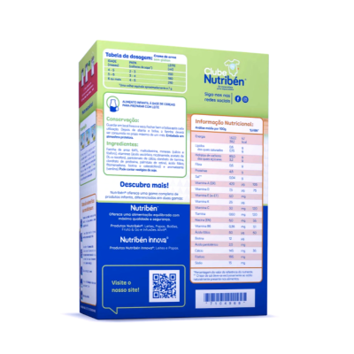 Embalagem de produto alimentar infantil Nutribén com informações nutricionais e instruções