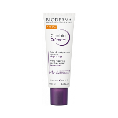 Embalagem branca e roxa de creme Bioderma Cicabio Crème+ SPF50+