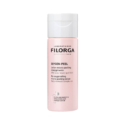 Frasco plástico rosa claro da loção micro-peeling Filorga Oxygen-Peel com tampa branca