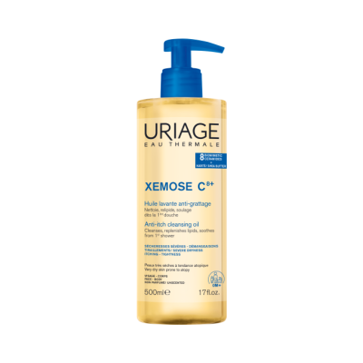 Frasco amarelo com doseador azul de óleo de limpeza anti-prurido Uriage Xemose C8+