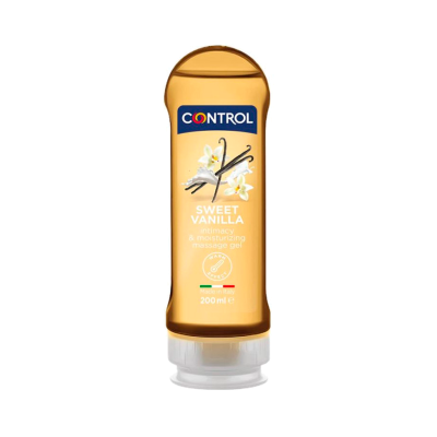 Frasco de gel de massagem hidratante Control Sweet Vanilla de 200 ml com desenho de flores de baunilha