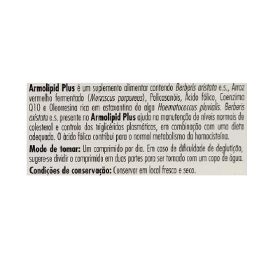 Rótulo de suplemento alimentar Armolipid Plus com texto informativo em português