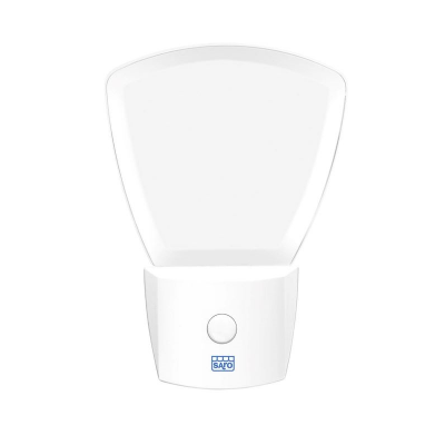 Luz noturna de parede branca com botão e logotipo SATO