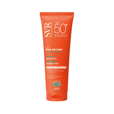 Tubo de protetor solar SVR Sun Secure SPF 50+, embalagem laranja, texto branco e azul