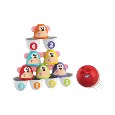 Conjunto de brinquedo com pinos de macaco coloridos e bola vermelha.