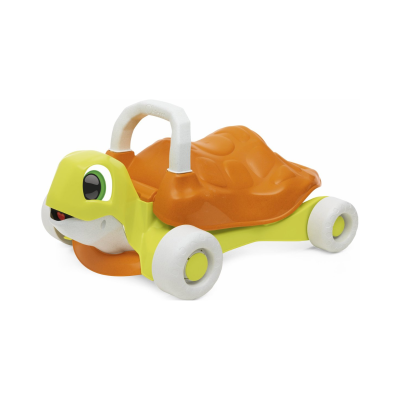 Carrinho infantil em forma de tartaruga com puxador e quatro rodas.