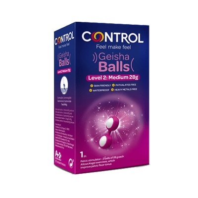Caixa azul e rosa do produto Control Geisha Balls com texto e imagem de bola geisha