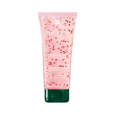 Tubo de gel rosa com partículas vermelhas e tampa verde escura