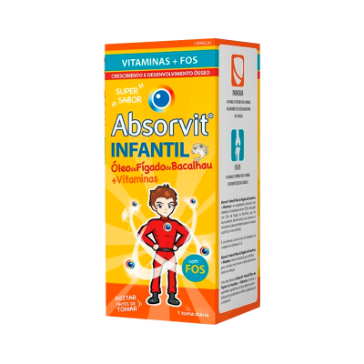 Suplemento infantil Absorvit embalagem laranja, amarelo, azul e ilustração de criança