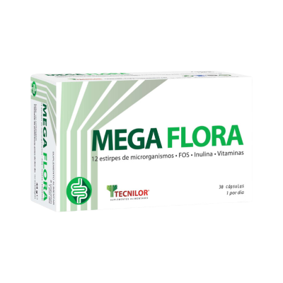 Caixa de suplemento alimentar MEGA FLORA da TECNILOR em branco e verde