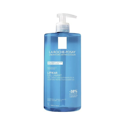 Frasco azul de gel de banho La Roche-Posay Lipikar Gel Lavant com doseador branco