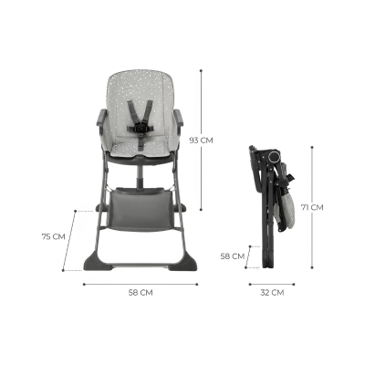 Cadeira alta para bebé cinza com padrões de estrelas e cinto de segurança