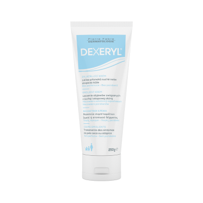 Tubo branco de creme emoliente Dexeryl 250g com rótulo azul e branco.