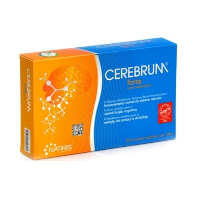 Caixa azul e laranja do suplemento alimentar CEREBRUM forte com textos e gráficos de cérebro e moléculas.