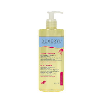 Frasco de óleo limpador Dexeryl 500 ml com doseador e rótulo azul e amarelo