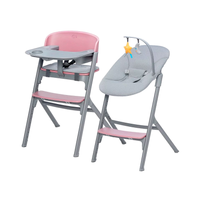 Cadeira alta e espreguiçadeira para bebé cinza e cor-de-rosa com brinquedos pendurados