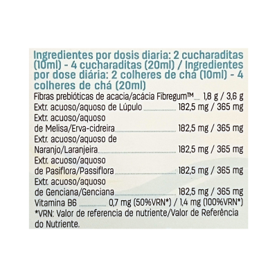 Etiqueta com ingredientes e dosagem diária de suplemento líquido em duas línguas