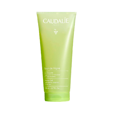 Gel de duche Caudalie Fleur de Vigne verde clara com texto branco
