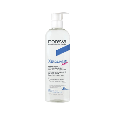 Frasco transparente com creme de duche anti-seco Xerodiane AP+ da Noreva, 500ml