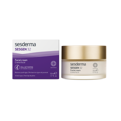 Creme facial SESGEN 32 da Sesderma em frasco de vidro com tampa dourada e caixa roxa e branca.