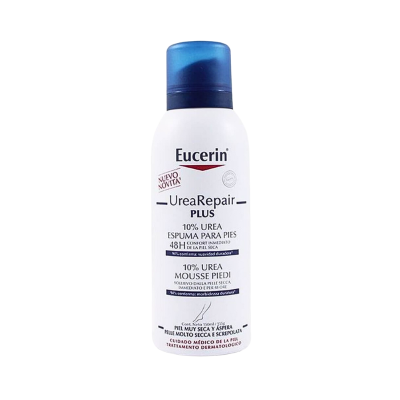 Frasco branco de espuma para pés Eucerin UreaRepair com tampa azul