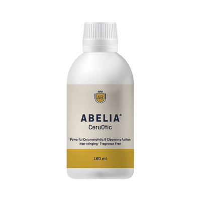 Frasco plástico branco ABELIA CeruOtic 180 ml com rótulo bege e amarelo