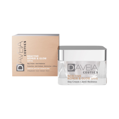 Creme de dia DAVEIA CEUTICS REACTIVE REPAIR & GLOW SPF15 com caixa castanha clara