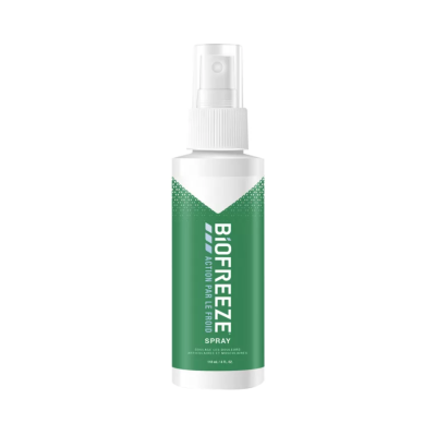Frasco de spray Biofreeze verde e branco