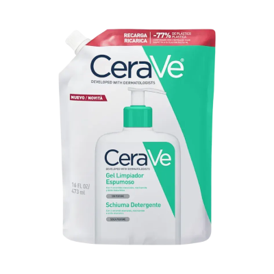 Saco recarga gel limpador espumoso CeraVe branco e verde